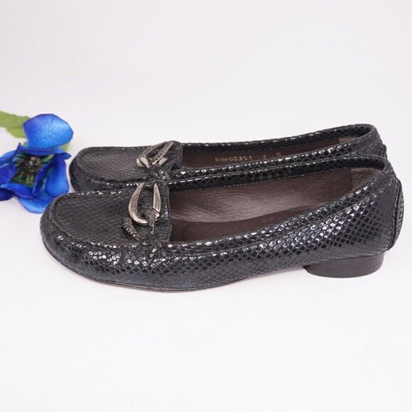 Stuart Weitzman Black Leather CI Croc Loafers, 7 - Picture 2 of 5